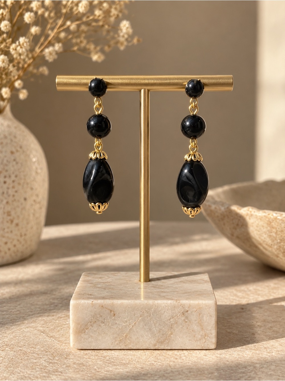 Victorian Black Bead (onyx) Drop Screwback Earrings with Gold Accents